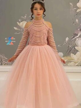 Made In Turkey Girls' Pink Pearl-Embellished Cold-Shoulder Tulle Dress